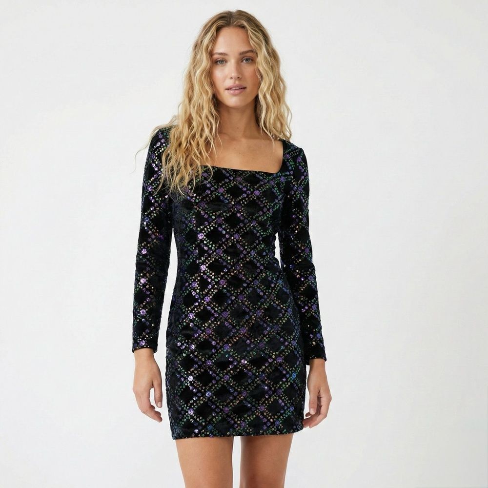 Donna Morgan NWT Black Velvet Sequin Dress 4 Glam Party Wedding Neck Mini LBD